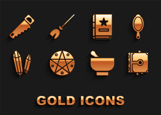 设置五角星在一个圆圈，魔法手镜，古代魔法书，臼杵，石头，手锯和女巫扫帚图标。向量图片下载