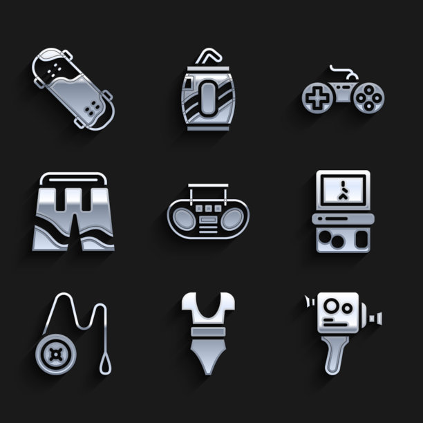 设置家庭立体声与两个扬声器，泳衣，复古电影相机，俄罗斯方块，溜溜球玩具，短裤或裤子，手柄和滑板技巧图标。向量图片下载