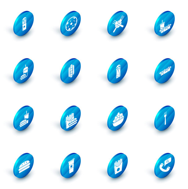 集披萨，交叉叉，纸杯与饮料吸管和热狗，汉堡，热狗三明治芥末，和多纳烤肉串图标。向量图片下载