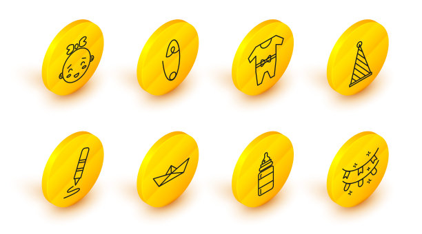 设定线嘉年华花环与旗帜，婴儿奶瓶，折叠纸船，蜡笔画画，聚会帽，衣服，经典的钢安全别针和快乐的小女孩头图标。向量图片下载