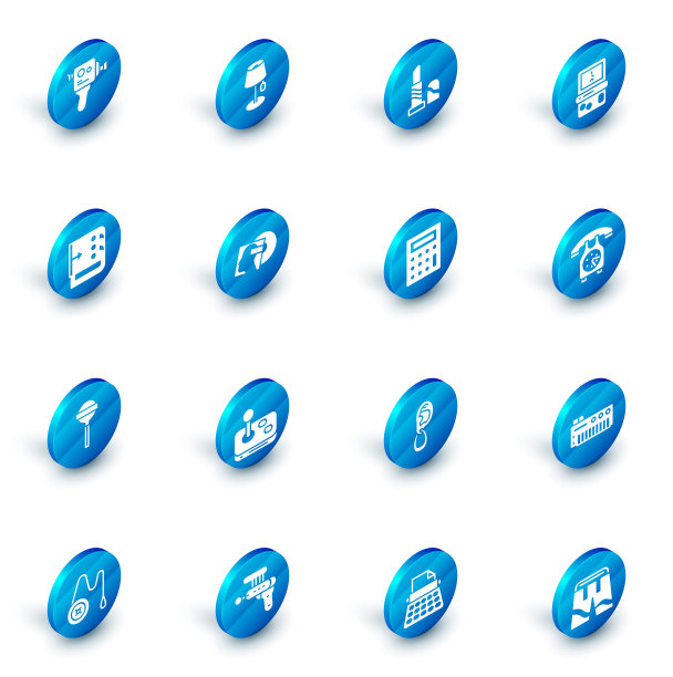 集落地灯，口红，俄罗斯方块，混音控制器，棒棒糖，乙烯基磁盘，电话听筒和计算器图标。向量图片下载