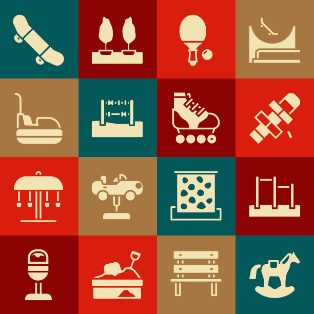 集马在马鞍秋千，单杠，跳房子，球拍和球，算盘，碰碰车，滑板技巧和轮滑图标。向量图片下载