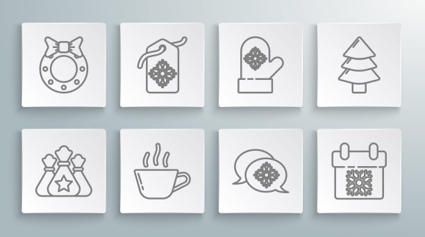 设定线圣诞老人袋礼物，价格标签与铭文销售，咖啡杯，雪花演讲泡沫，日历，圣诞手套，树和花环图标。向量图片下载