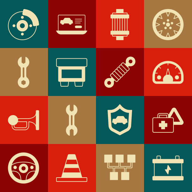 设置汽车电池，急救箱和警告三角形，速度计，空气过滤器，保险丝，扳手扳手，制动盘与卡钳和减震器图标。向量图片下载