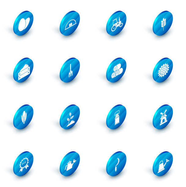 集机库，拖拉机，谷物与大米，小麦，玉米，燕麦，黑麦，木箱收获，玉米，花园耙，向日葵和滚干草图标。向量图片下载