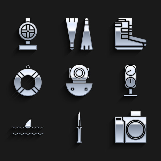 集潜水器，军刀，相机的潜水员，压力表，鱼翅在海浪，救生圈，靴子和工业金属管道和阀门图标。向量图片下载
