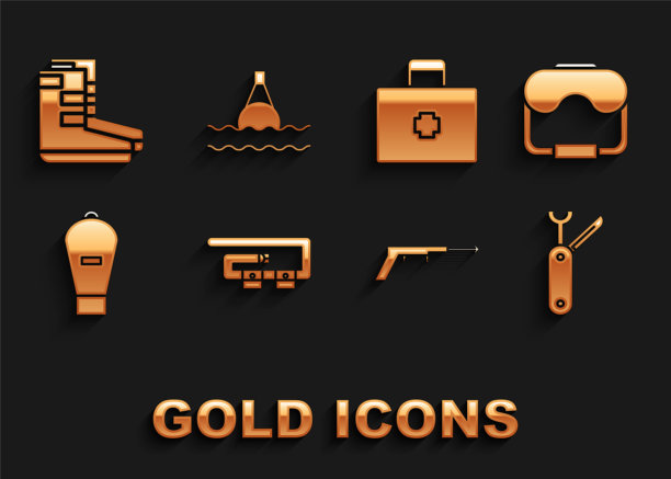 潜水带，面罩，瑞士军刀，鱼叉，救生袋，急救箱，靴子和浮标。向量图片下载