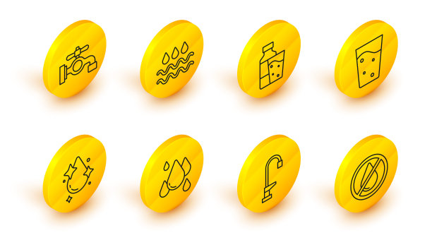 设置线禁止水滴，水龙头，有水的玻璃，玻璃瓶，波浪和图标。向量图片下载