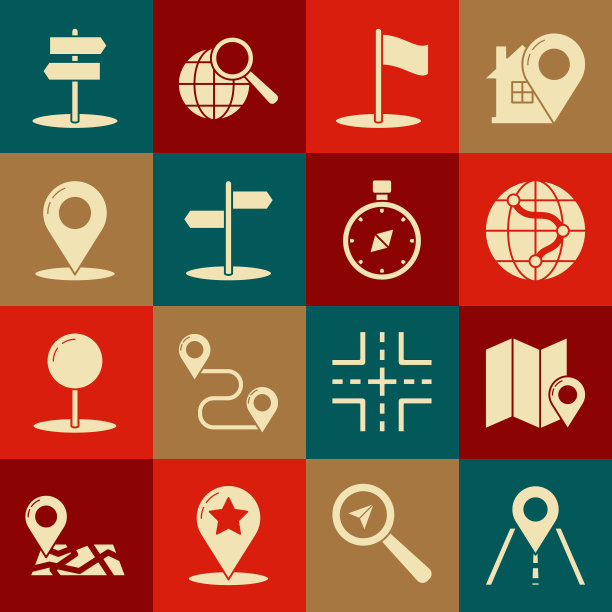 设置道路交通标志，折叠地图与位置标记，定位地球仪，旗帜，地图针，和指南针图标。向量图片下载