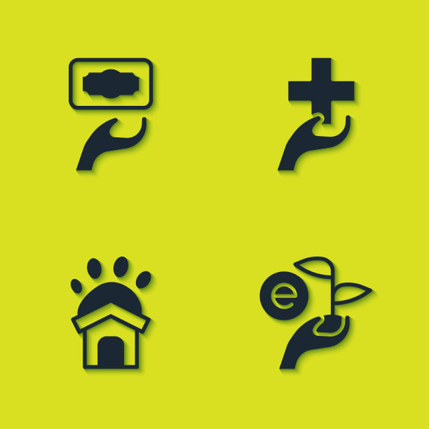 集捐赠和慈善，树叶在手，动物收容所的房子和心脏与交叉图标。向量图片下载