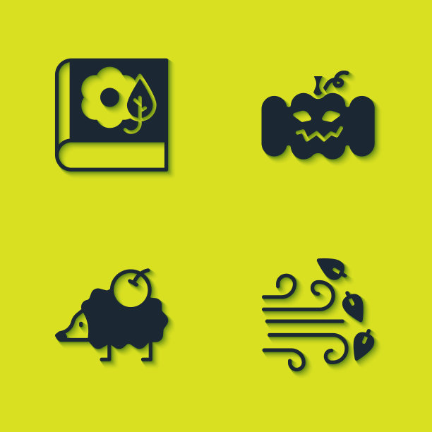 设置标本室，大风天气，刺猬和南瓜图标。向量图片下载