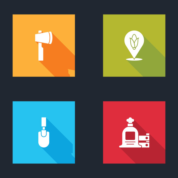 设置木斧，位置玉米，花园铲铲铲和满袋和木箱图标。向量图片下载