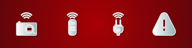 设置智能相机，遥控器，电源插头和感叹号在三角形图标。向量图片下载