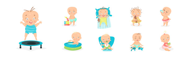可爱的小婴儿或幼儿做不同的活动矢量集图片下载