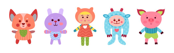 缝制填充或毛绒玩具与动物和娃娃矢量集图片下载