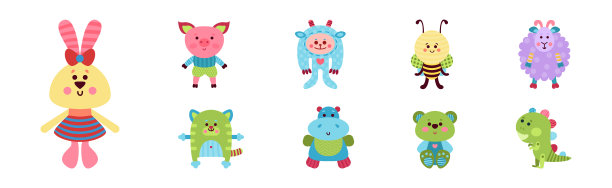 缝制填充或毛绒玩具与动物矢量集图片下载