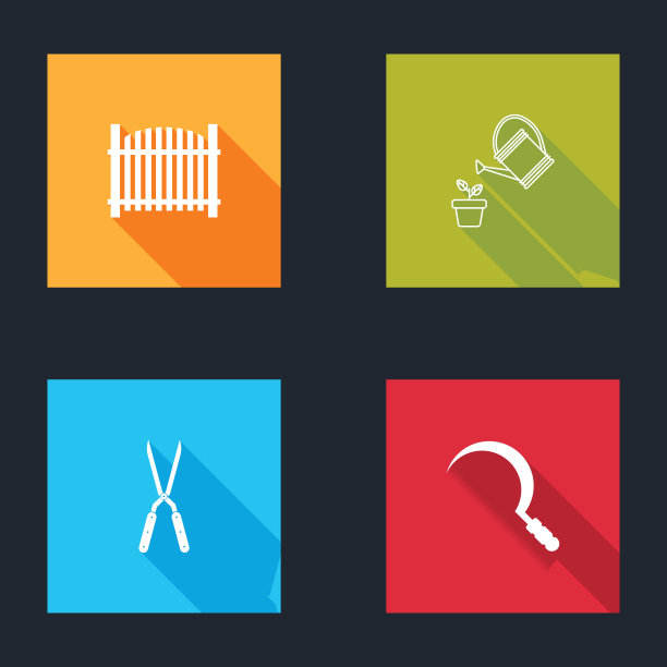 设置花园围栏，浇水罐，园艺手工剪刀和镰刀图标。向量图片下载