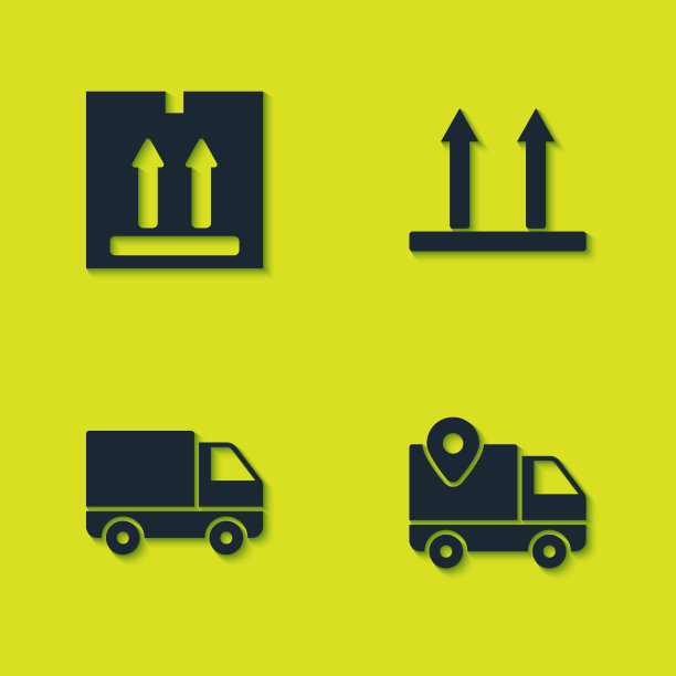 设置纸箱与交通，交付跟踪，货运卡车车辆和这一面向上的图标。向量图片下载
