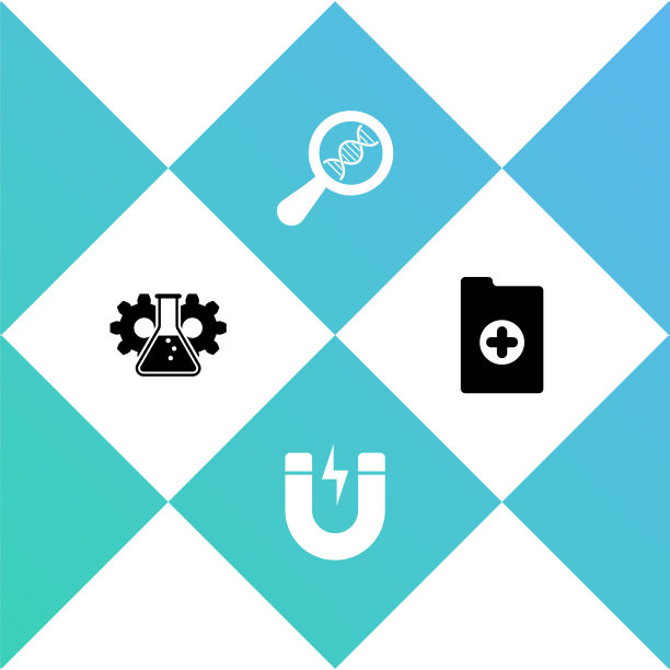 集生物工程，磁铁闪电，DNA研究，搜索和临床记录图标。向量图片下载