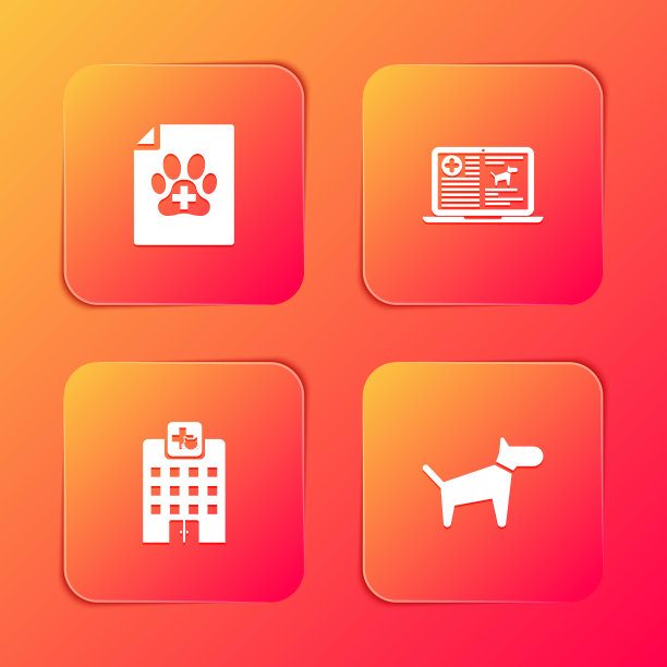 设置狗或猫的医疗证明，笔记本电脑上的临床记录，兽医医院和狗图标。向量图片下载