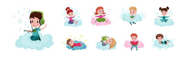 微笑的孩子坐在软云和做不同的事情矢量插图集图片下载