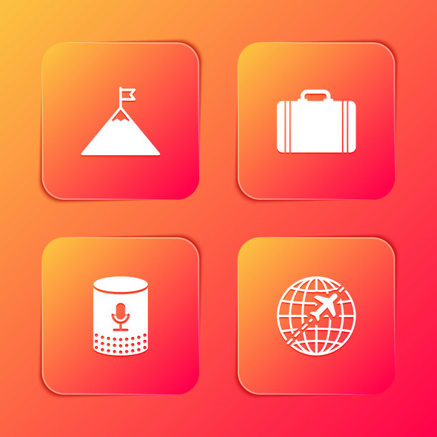 集山和国旗，旅行箱旅行，语音助手和全球与飞行飞机的图标。向量图片下载