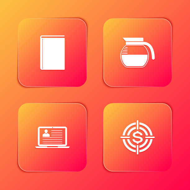 集书，咖啡壶，笔记本电脑与简历和目标美元图标。向量图片下载