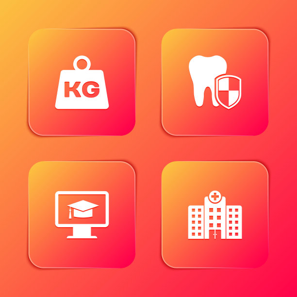 设置重量，牙齿保护，监视器毕业帽和医疗医院建筑图标。向量图片下载