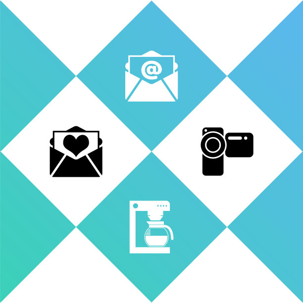 设置信封与情人节的心，咖啡机壶，邮件和电子邮件和电影相机图标。向量图片下载