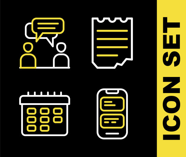 设置线笔记本，在线翻译，学校时间表和两个坐着的男人说话的图标。向量图片下载