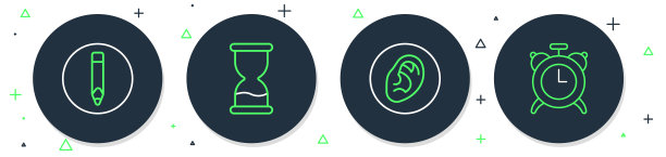 设置线路旧沙漏，耳朵听声音信号，铅笔和闹钟图标。向量图片下载