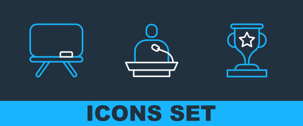 设置线奖杯，黑板和给出讲座图标。向量图片下载