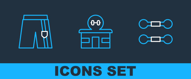 设置线哑铃，短裤或裤子和健身房建筑图标。向量图片下载