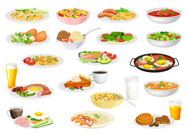 不同的菜肴和主菜上盘子大矢量集图片下载