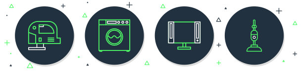 设置线洗衣机，智能电视，电动拼图和吸尘器图标。向量图片下载