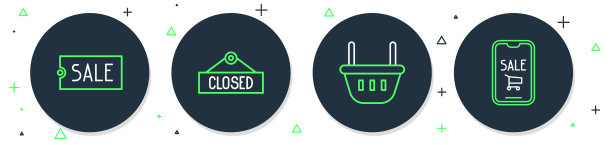 设置线悬挂标志关闭，购物篮，价格标签文字销售和手机和购物车图标。向量图片下载