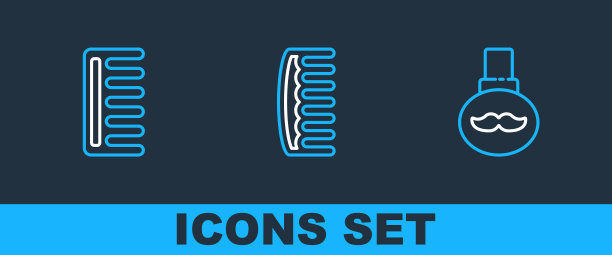 设置线胡子和胡子护理油瓶，发刷和图标。向量图片下载