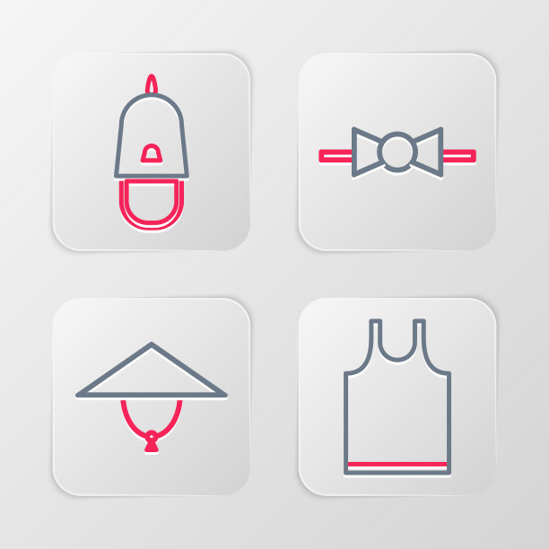 套线无袖t恤，亚洲锥形帽，领结和警帽帽徽图标。向量图片下载