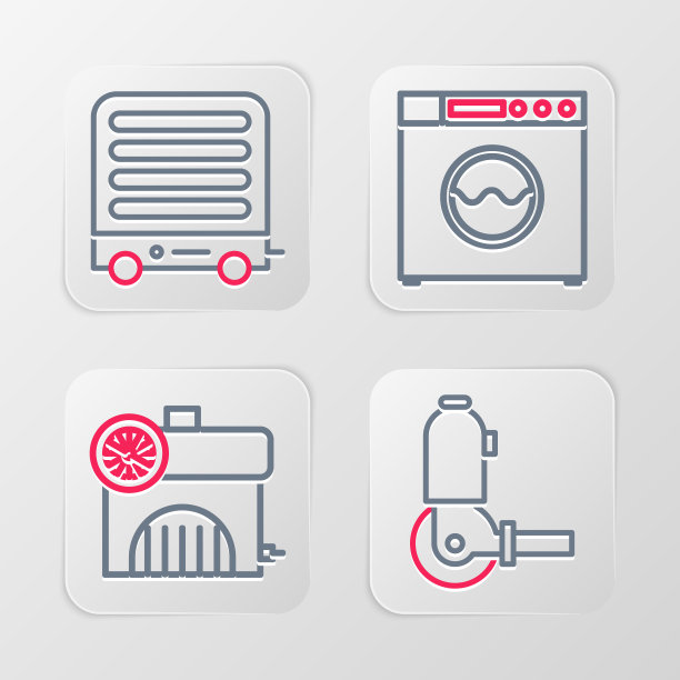 设置线角磨机，空气压缩机，洗衣机和电加热器图标。向量图片下载