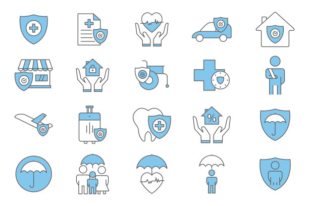 保险和保证图标集。健康保险，旅行保险，租房保险，人寿保险。双色调图标风格设计。简单的矢量设计可编辑图片下载