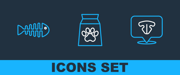 设置线猫鼻子，鱼骨架和食品袋的宠物图标。向量图片下载