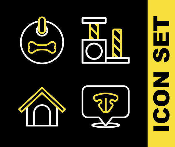 设置线猫抓后，鼻子，狗屋和项圈图标。向量图片下载