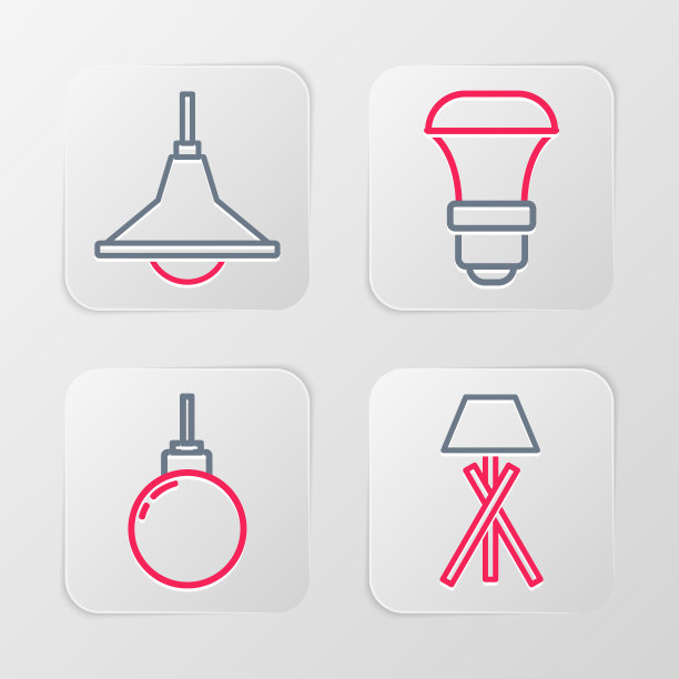 集线落地灯，挂灯，LED灯泡和吊灯图标。向量图片下载