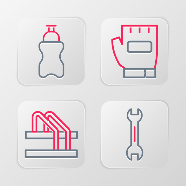 设置线扳手扳手，自行车停车，手套和运动瓶与水图标。向量图片下载