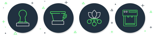 设置线路V60咖啡机，咖啡豆，分支，捣固机和机器图标。向量图片下载