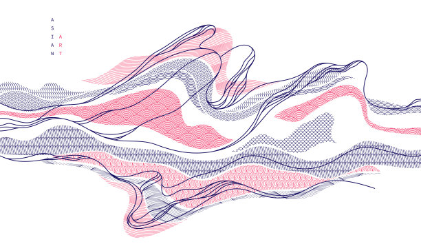 东方日本风格的矢量抽象插图，背景在亚洲传统风格，波浪形状和山脉地形，流像海线。图片下载