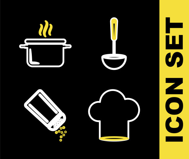 设置线厨房勺，厨师帽，盐和胡椒和烹饪锅图标。向量图片下载