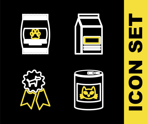 设置食品袋，罐头的猫，狗奖励标志和宠物图标。向量图片下载