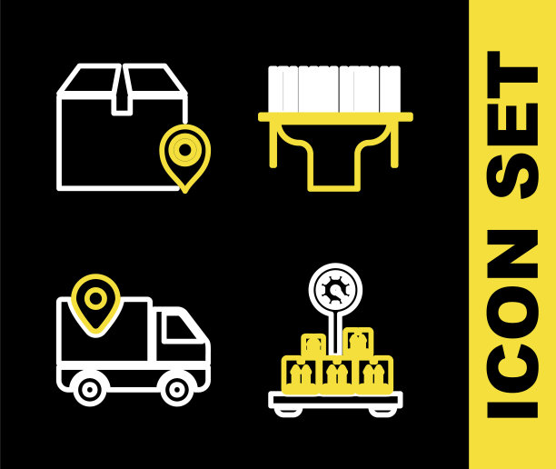设置线扫描器扫描条码，规模与纸箱，交货跟踪和位置图标。向量图片下载