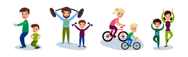 父母和孩子一起做运动矢量集图片下载